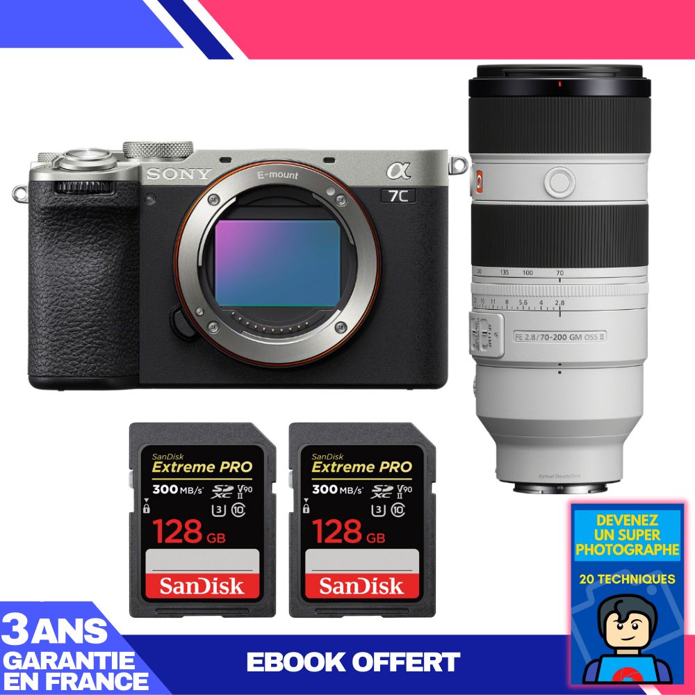 Sony A7C II Silver Kit with FE 70-200mm f/2.8 GM OSS II and 2x SanDisk 128GB Extreme PRO UHS-II SDXC Cards