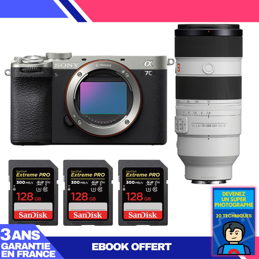 Sony A7C II Silver Kit with FE 70-200mm f/2.8 GM OSS II and 3x SanDisk 128GB Extreme PRO UHS-II SDXC Cards