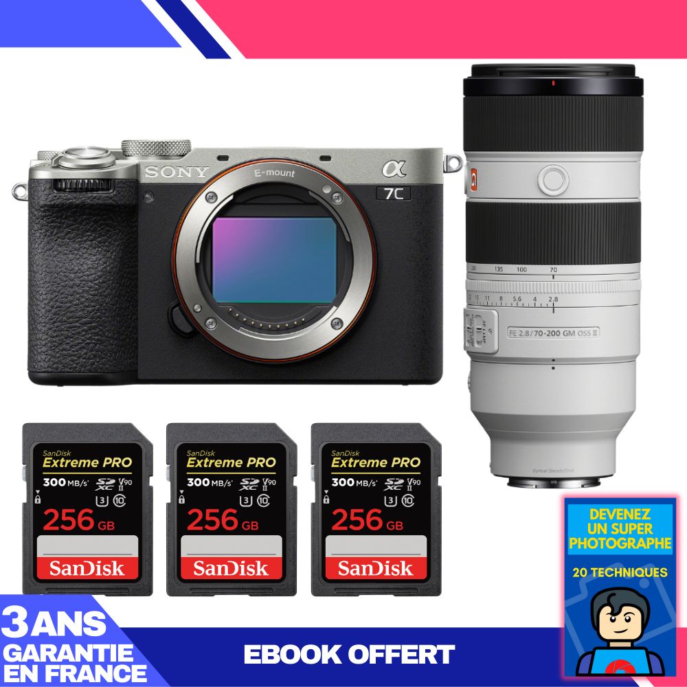 Sony A7C II Silver Camera Kit with FE 70-200mm f/2.8 GM OSS II Lens and SanDisk Cards