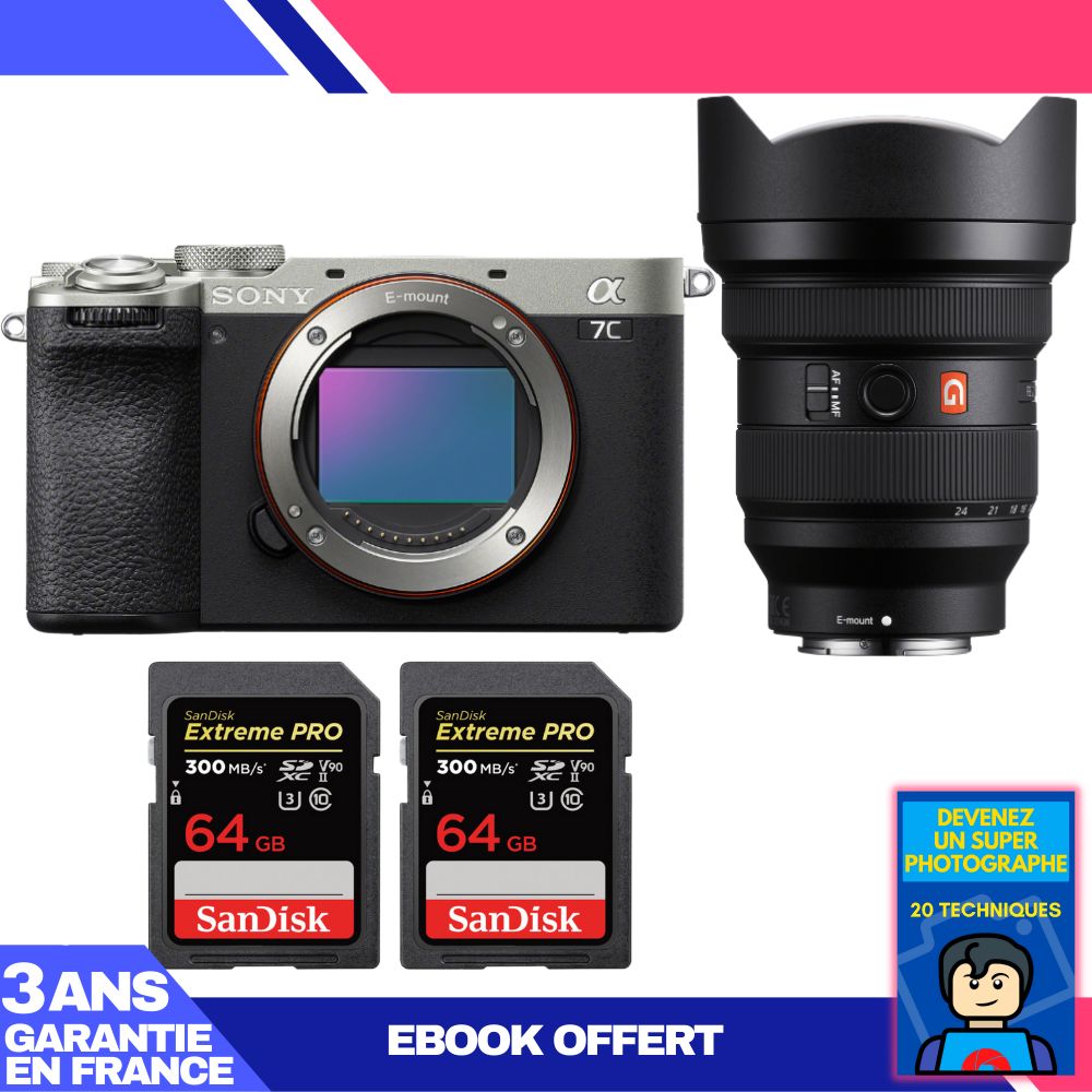 Sony A7C II Silver Camera Kit with FE 12-24mm f/2.8 GM Lens + SanDisk 64GB Cards