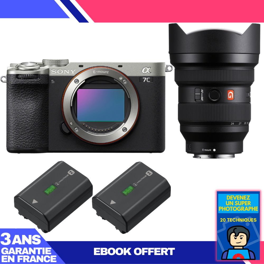 Sony A7C II Silver Camera Kit with FE 12-24mm f/2.8 GM Lens + 2x NP-FZ100 Batteries + Ebook