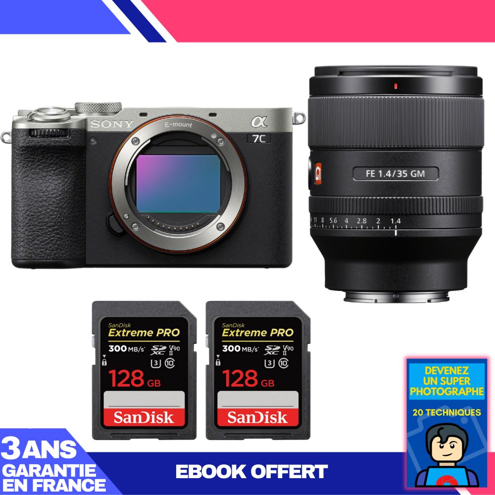 Sony A7C II Silver Kit with FE 35mm f/1.4 GM Lens + SanDisk 128GB Cards