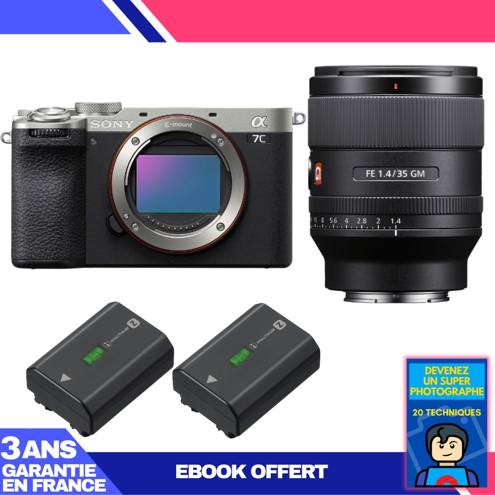 Sony A7C II Silver Camera Kit with FE 35mm f/1.4 GM Lens + 2x NP-FZ100 Batteries + Ebook