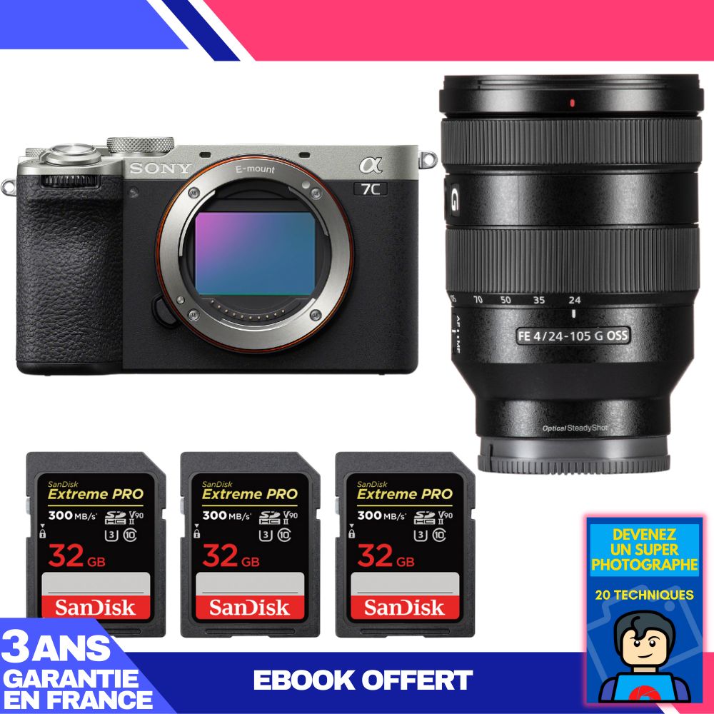 Sony A7C II Silver Camera Kit with FE 24-105mm f/4 G OSS Lens and SanDisk Memory Cards