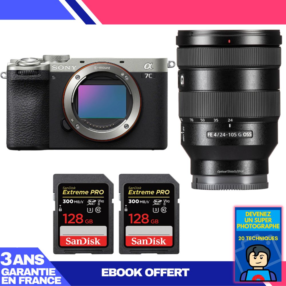 Sony A7C II Silver Camera Kit with FE 24-105mm f/4 G OSS Lens + SanDisk 128GB SD Cards