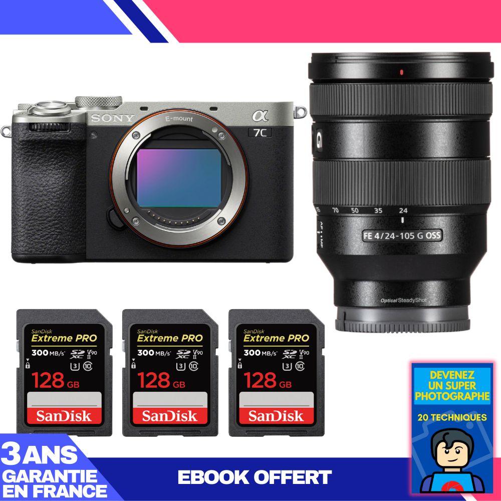 Sony A7C II Silver Camera Kit with FE 24-105mm f/4 G OSS Lens + 3x 128GB SanDisk Extreme PRO UHS-II SDXC Cards