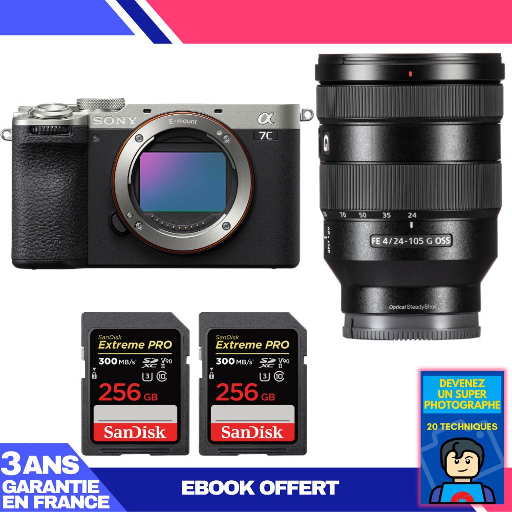 Sony A7C II Silver Kit with FE 24-105mm f/4 G OSS and 2x 256GB SanDisk Extreme PRO UHS-II SDXC Cards