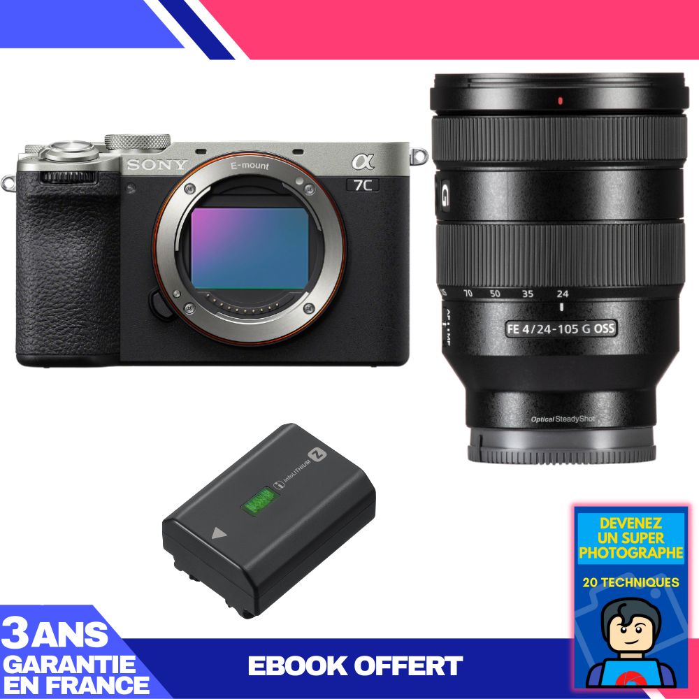 Sony A7C II Silver Kit with FE 24-105mm f/4 G OSS Lens + NP-FZ100 Battery + Ebook