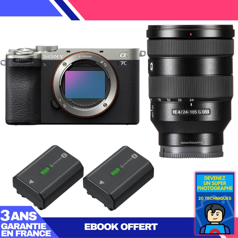 Sony A7C II Silver Camera Kit with FE 24-105mm f/4 G OSS Lens + 2 NP-FZ100 Batteries + 'Become a Super Photographer' Ebook