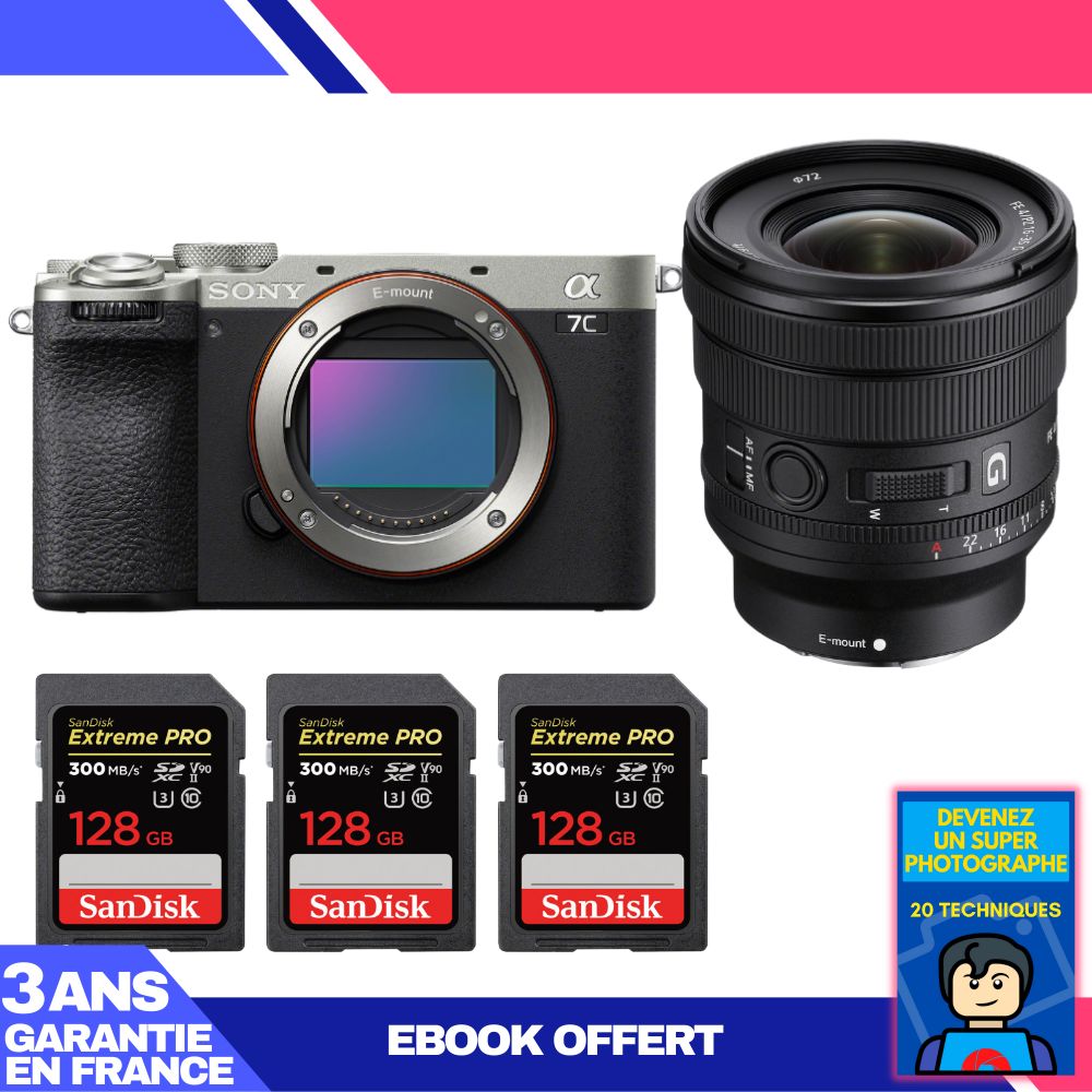 Sony A7C II Silver Camera Kit with FE PZ 16-35mm f/4 G Lens + 3x 128GB SanDisk Extreme PRO SD Cards