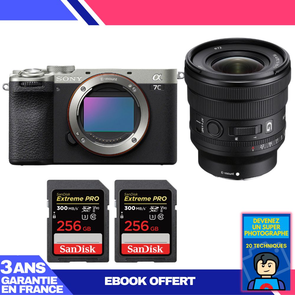 Sony A7C II Silver Camera Kit with FE PZ 16-35mm f/4 G Lens + 2x 256GB SanDisk Extreme PRO SDXC Cards