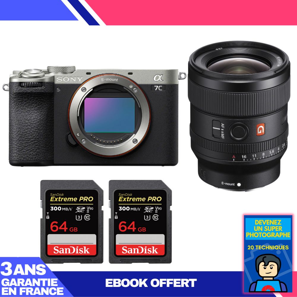 Sony A7C II Silver Camera Kit with FE 24mm f/1.4 GM Lens + SanDisk Extreme PRO SD Cards
