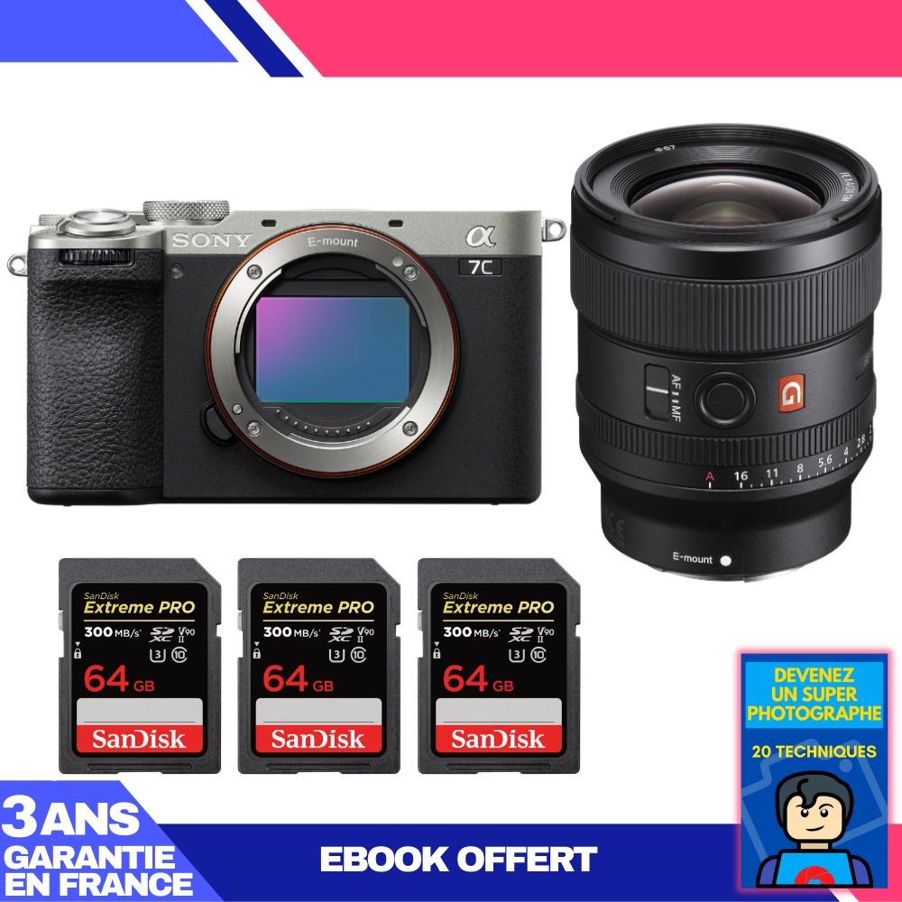 Sony A7C II Silver Camera Kit with FE 24mm f/1.4 GM Lens and SanDisk Memory Cards