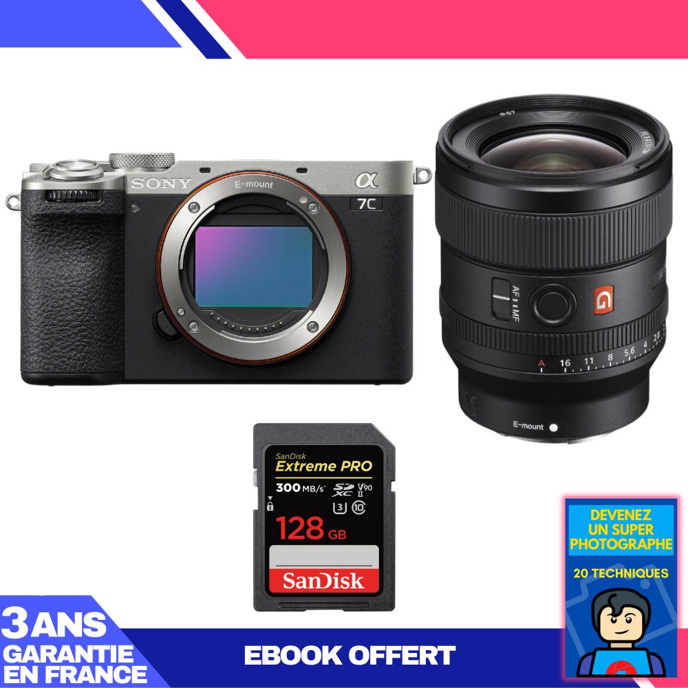 Sony A7C II Silver Camera Kit with FE 24mm f/1.4 GM Lens + SanDisk 128GB Extreme PRO SD Card
