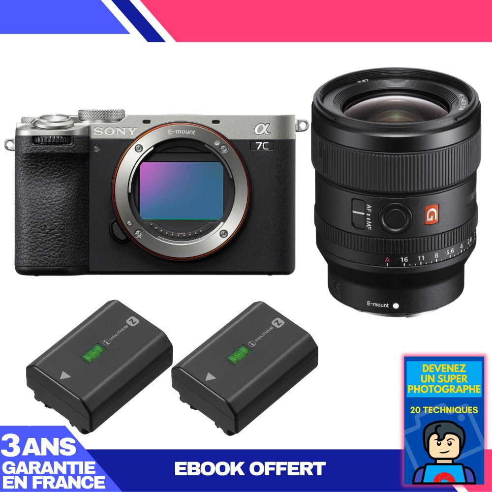 Sony A7C II Silver Camera Kit with FE 24mm f/1.4 GM Lens + 2 Sony NP-FZ100 Batteries + 'Become a Super Photographer' Ebook