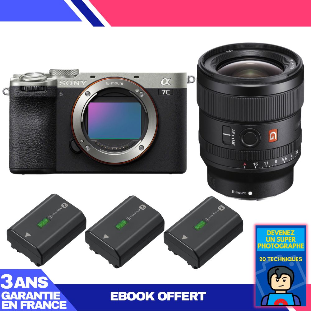 Sony A7C II Silver Camera Kit with FE 24mm f/1.4 GM Lens + 3x NP-FZ100 Batteries + 'Become a Super Photographer' Ebook
