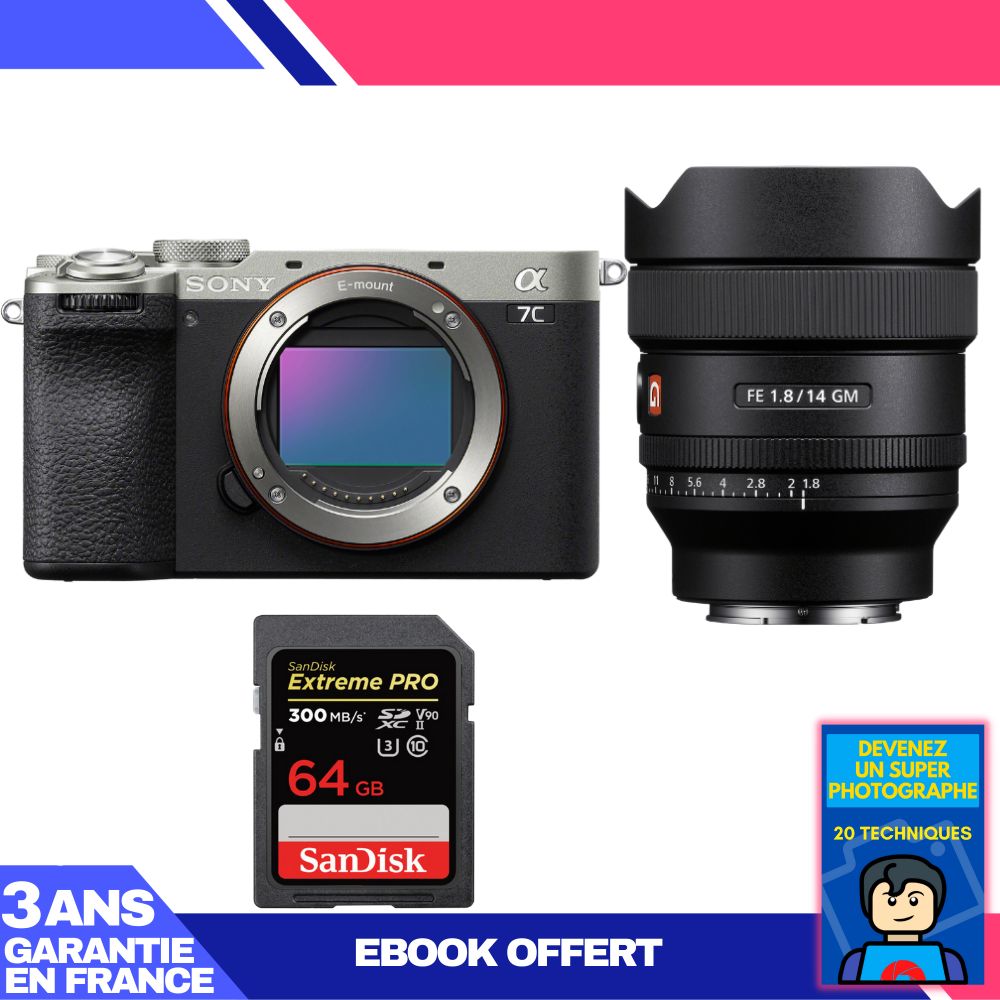 Sony A7C II Silver Kit with FE 14mm f/1.8 GM and SanDisk 64GB Extreme PRO UHS-II SDXC Card