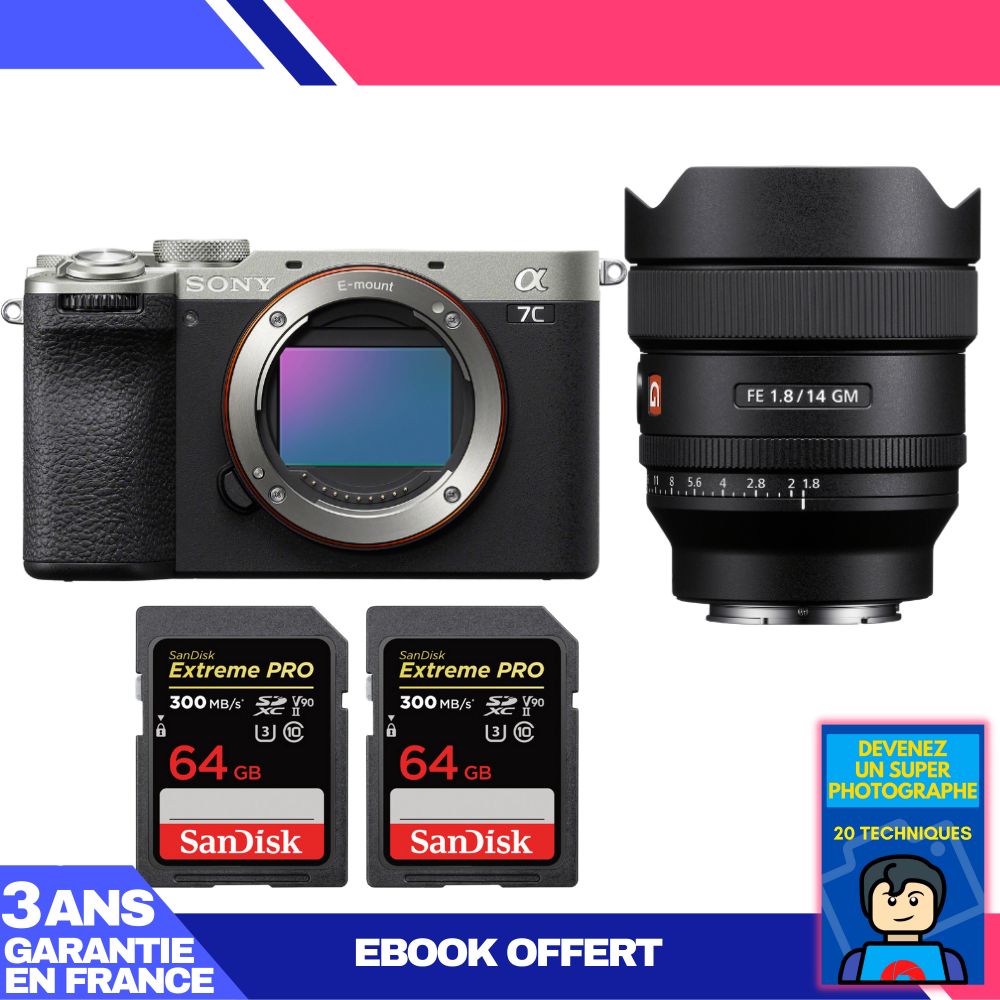 Sony A7C II Silver Kit with FE 14mm f/1.8 GM and 2x SanDisk 64GB Extreme PRO UHS-II SDXC Cards
