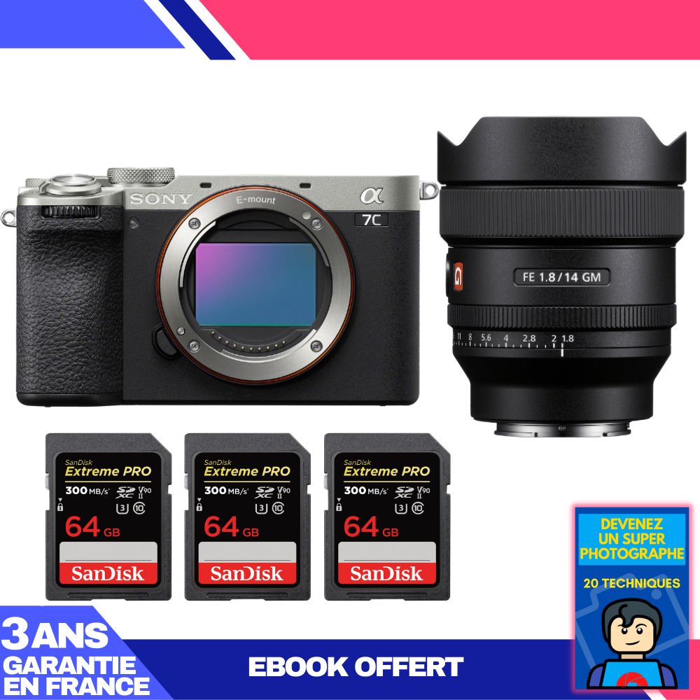 Sony A7C II Silver Camera Kit with FE 14mm f/1.8 GM Lens and SanDisk Memory Cards