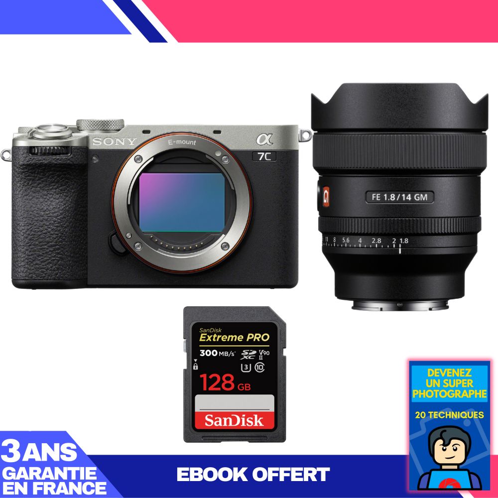 Sony A7C II Silver Camera Kit with FE 14mm f/1.8 GM Lens and SanDisk 128GB Extreme PRO SD Card