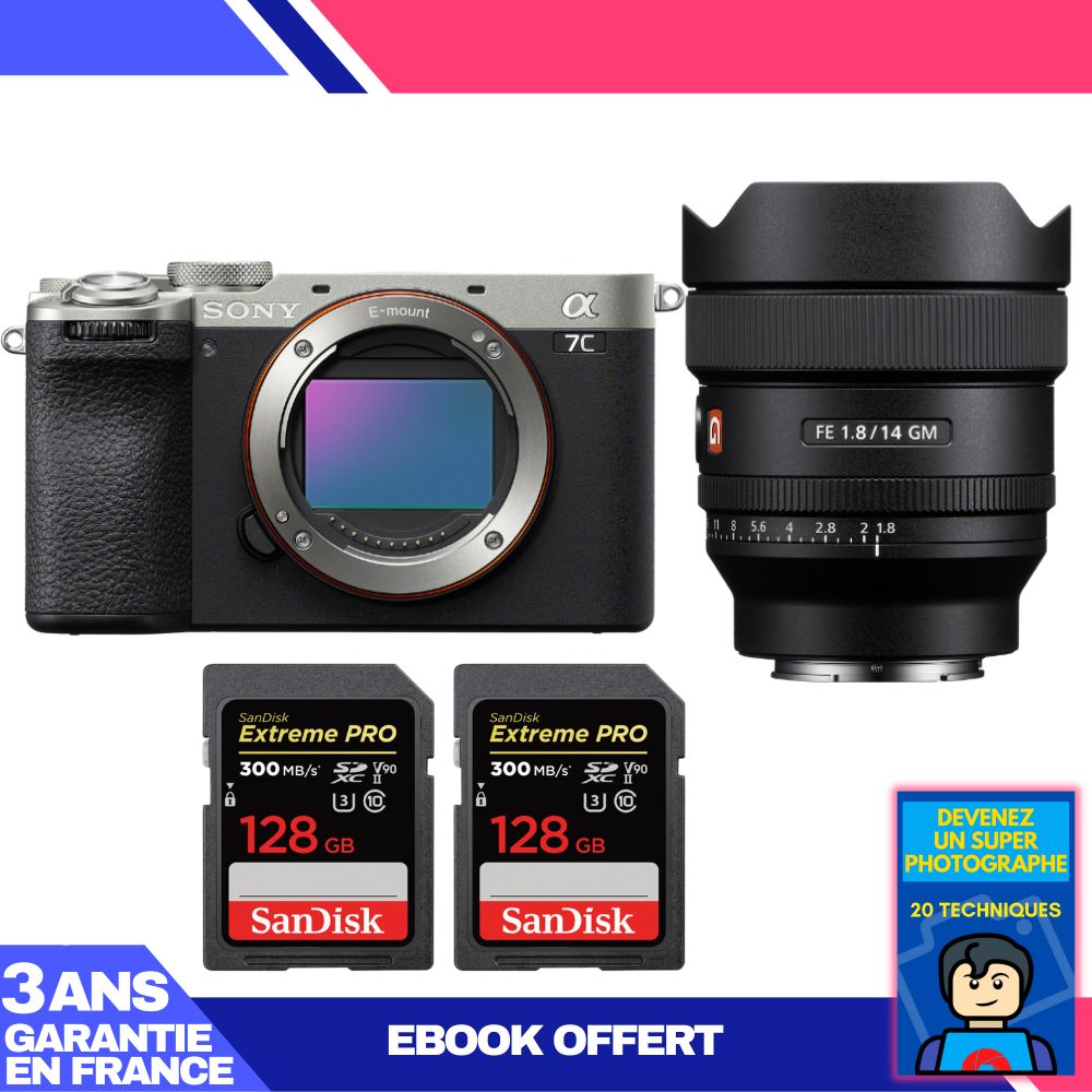 Sony A7C II Silver Camera Kit with FE 14mm f/1.8 GM Lens + 2x 128GB SanDisk Extreme PRO UHS-II SDXC Cards