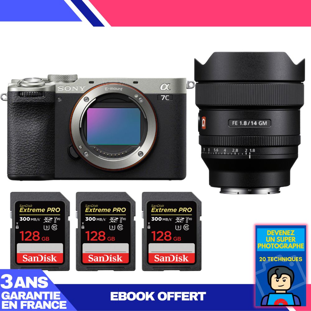 Sony A7C II Silver Camera Kit with FE 14mm f/1.8 GM Lens and SanDisk Cards