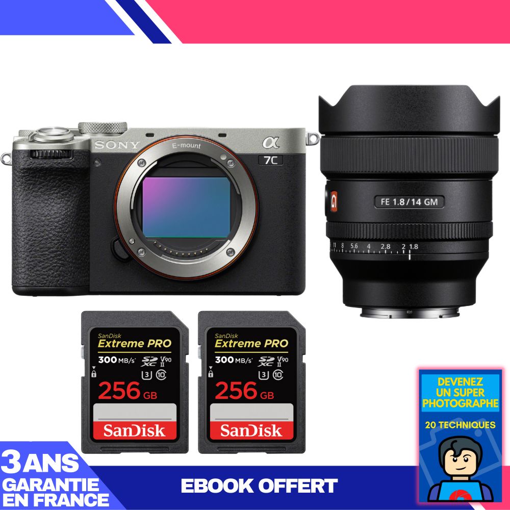 Sony A7C II Silver Camera Kit with FE 14mm f/1.8 GM Lens + 2x SanDisk 256GB Extreme PRO UHS-II SDXC Cards