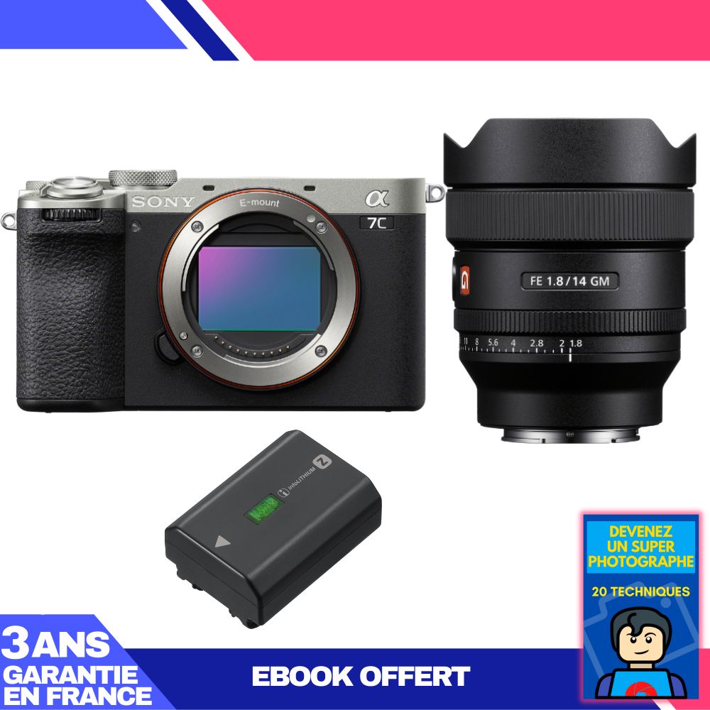 Sony A7C II Silver Camera Kit with FE 14mm f/1.8 GM Lens + NP-FZ100 Battery + 'Become a Super Photographer' Ebook