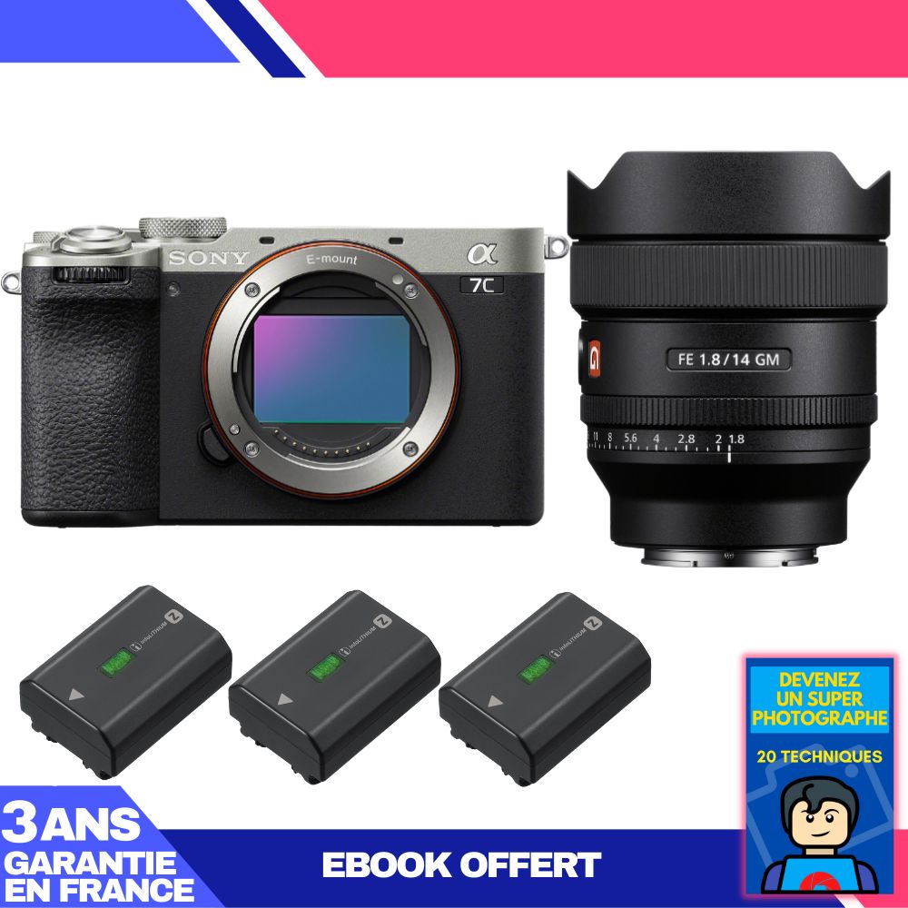 Sony A7C II Silver Camera Kit with FE 14mm f/1.8 GM Lens + 3x NP-FZ100 Batteries + Ebook