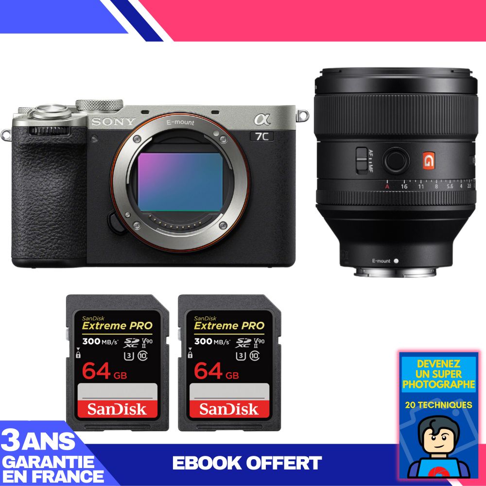 Sony A7C II Silver Camera Kit with FE 85mm f/1.4 GM Lens + SanDisk 64GB SD Cards