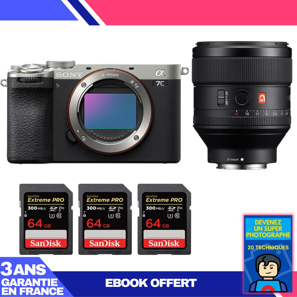 Sony A7C II Silver Camera Kit with FE 85mm f/1.4 GM Lens + 3x 64GB SanDisk Extreme PRO UHS-II SDXC Memory Cards
