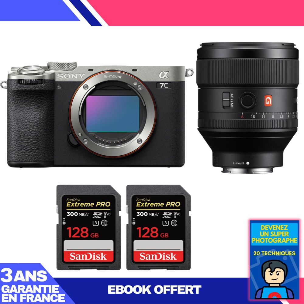 Sony A7C II Silver Camera Kit with FE 85mm f/1.4 GM Lens + 2x SanDisk 128GB Extreme PRO SD Cards