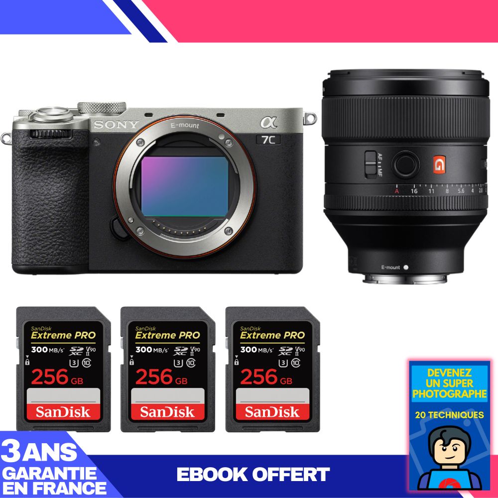 Sony A7C II Silver Camera Kit with FE 85mm f/1.4 GM Lens + SanDisk Extreme PRO SD Cards