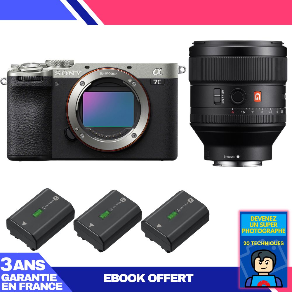 Sony A7C II Silver Camera Kit with FE 85mm f/1.4 GM Lens + 3 NP-FZ100 Batteries + Ebook