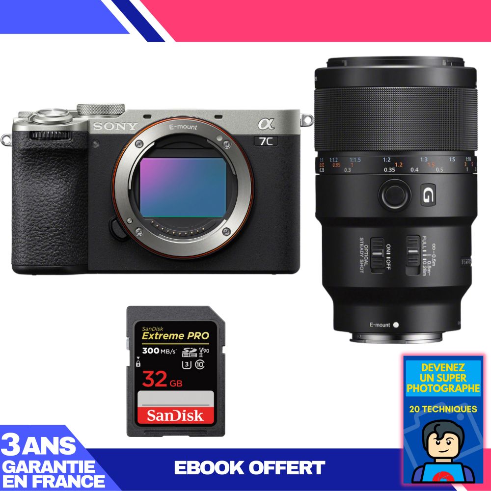 Sony A7C II Silver Camera Kit with FE 90mm f/2.8 Macro G OSS and SanDisk 32GB Extreme PRO SD Card