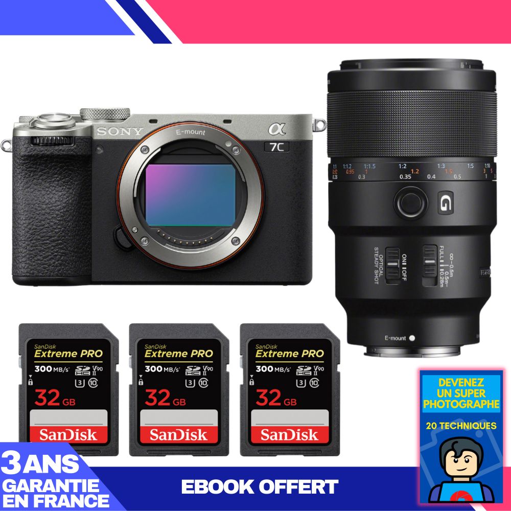 Sony A7C II Silver Kit with FE 90mm f/2.8 Macro G OSS and 3x SanDisk 32GB Extreme PRO UHS-II SDXC Cards