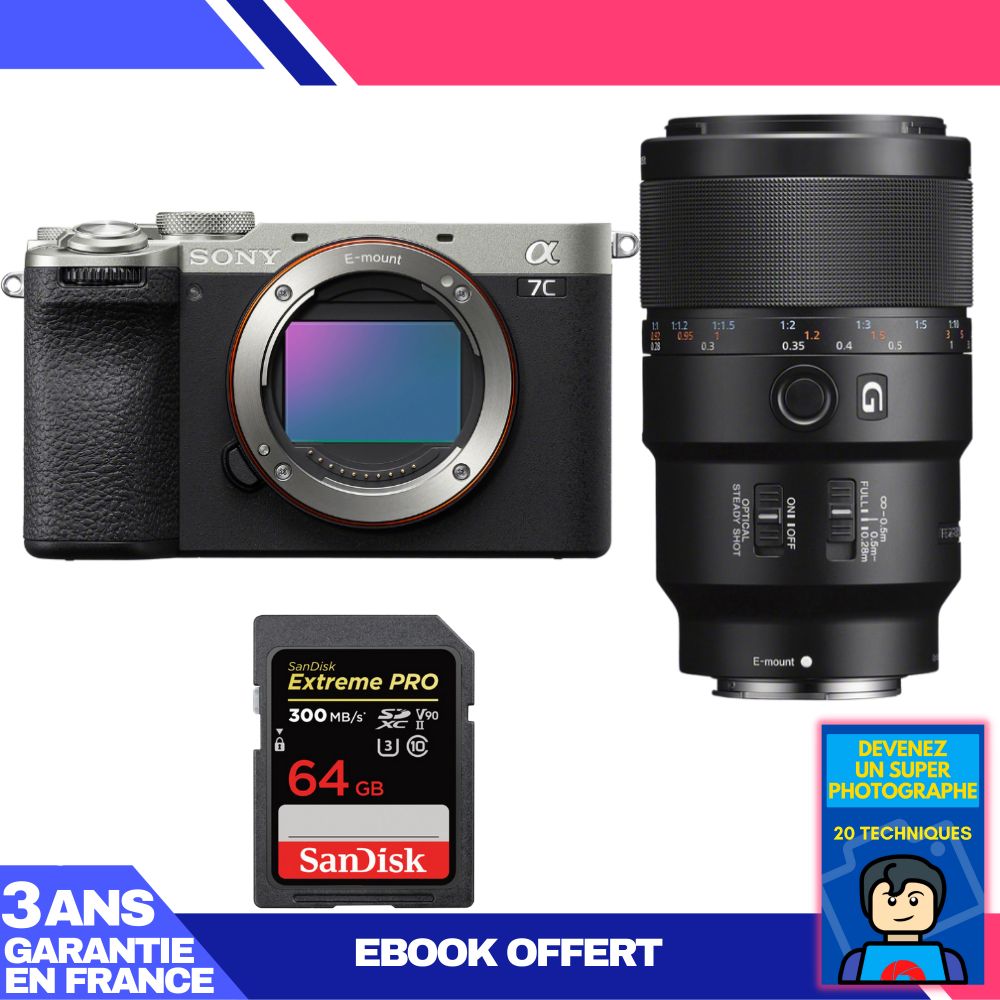 Sony A7C II Silver Camera Kit with FE 90mm f/2.8 Macro G OSS Lens + 64GB SanDisk Extreme PRO UHS-II SDXC Card