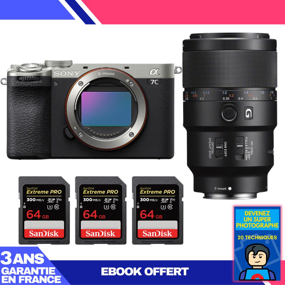 Sony A7C II Silver Kit with FE 90mm f/2.8 Macro G OSS Lens + 3x SanDisk 64GB Extreme PRO UHS-II SDXC Cards