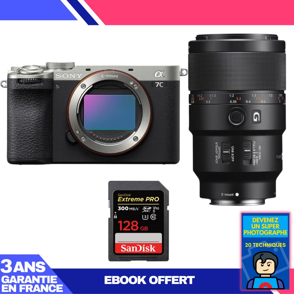 Sony A7C II Silver Kit with FE 90mm f/2.8 Macro G OSS and SanDisk 128GB Extreme PRO UHS-II SDXC Card