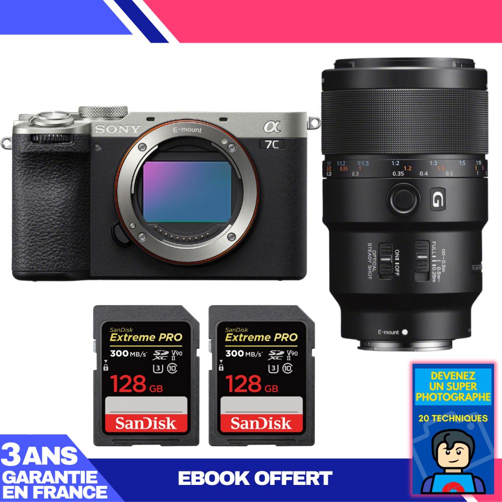 Sony A7C II Silver Camera Kit with FE 90mm f/2.8 Macro G OSS and 2x 128GB SanDisk Extreme PRO SDXC Cards