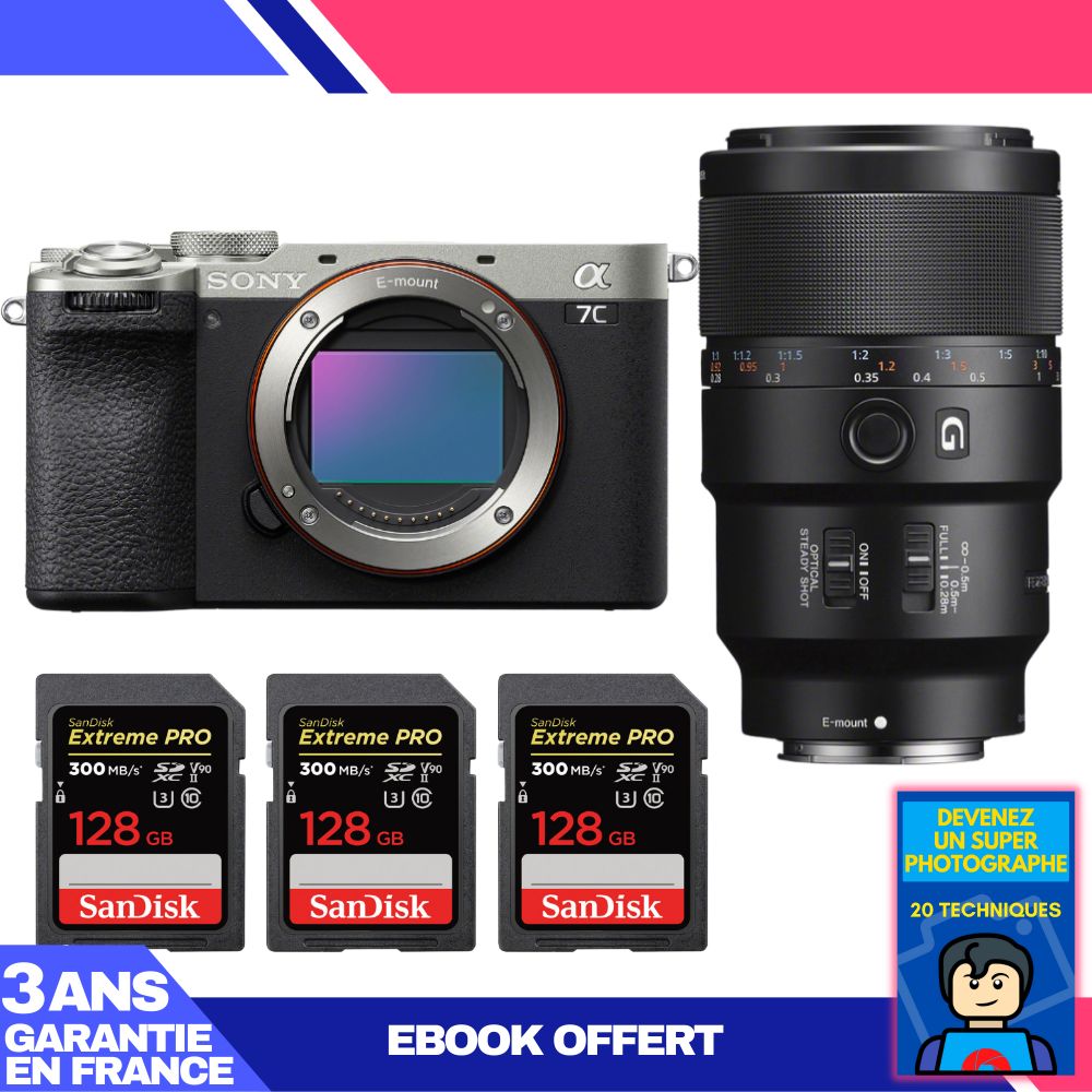Sony A7C II Silver Camera Kit with FE 90mm f/2.8 Macro G OSS Lens + 3 SanDisk 128GB Extreme PRO SD Cards