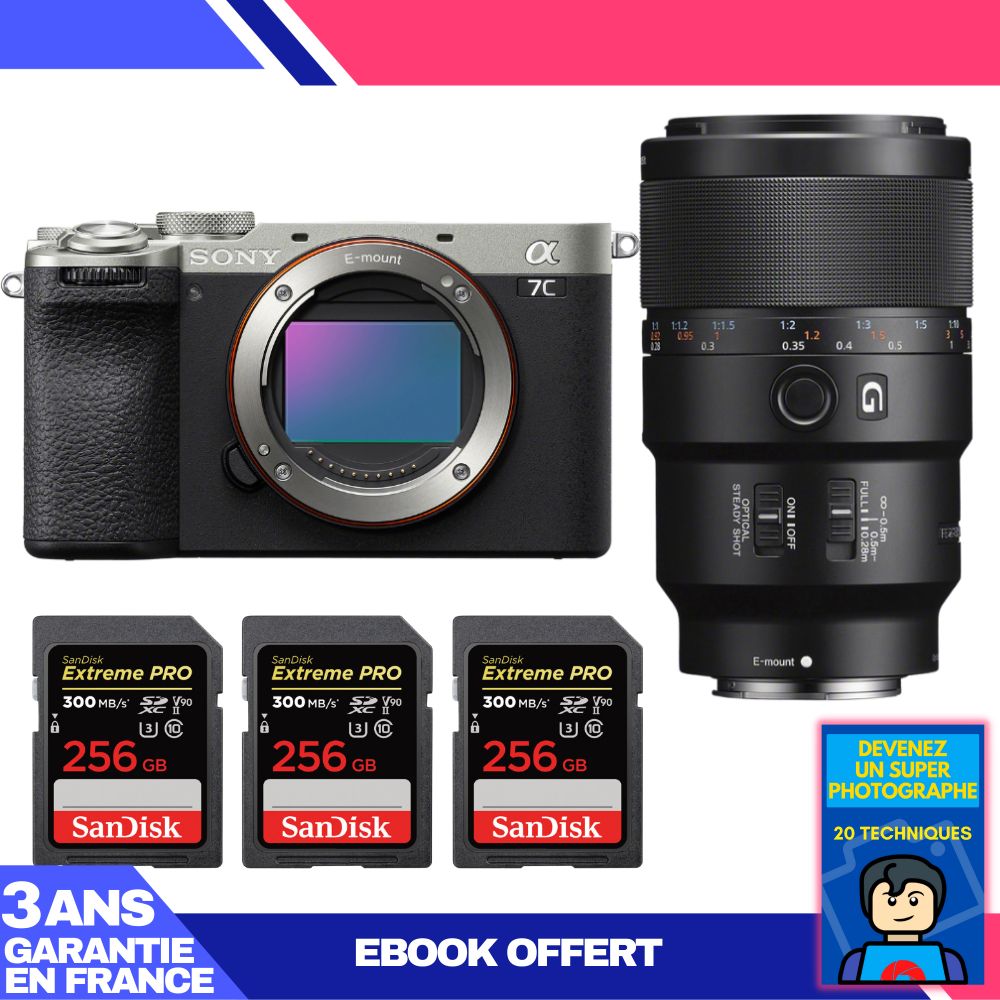 Sony A7C II Silver Kit with FE 90mm f/2.8 Macro G OSS and 3x SanDisk 256GB Extreme PRO UHS-II SDXC Cards