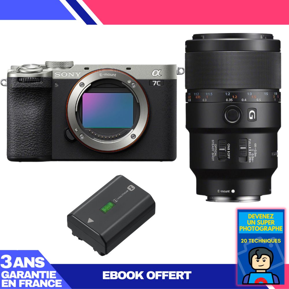 Sony A7C II Silver Camera Kit with FE 90mm f/2.8 Macro G OSS Lens + NP-FZ100 Battery + 'Become a Super Photographer' Ebook