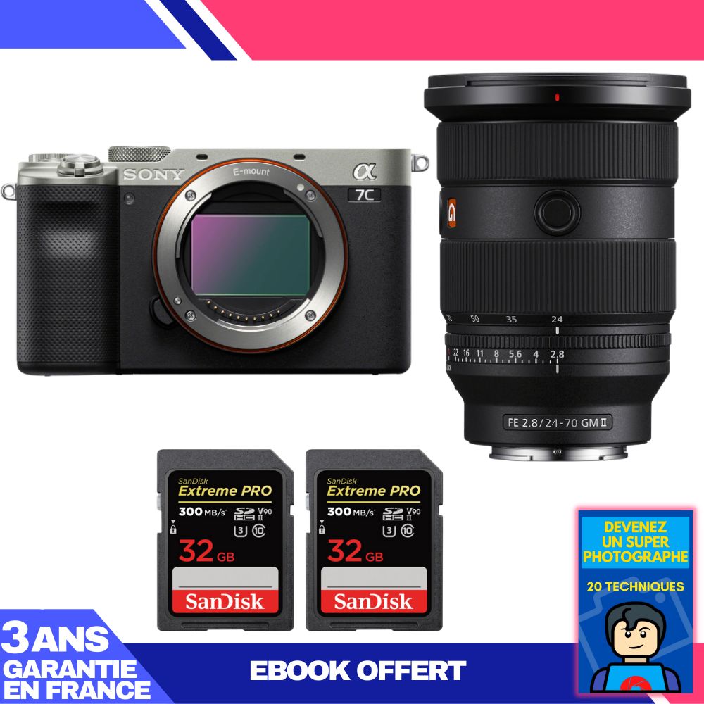 Sony A7C II Silver Kit with FE 24-70mm f/2.8 GM II and SanDisk Cards