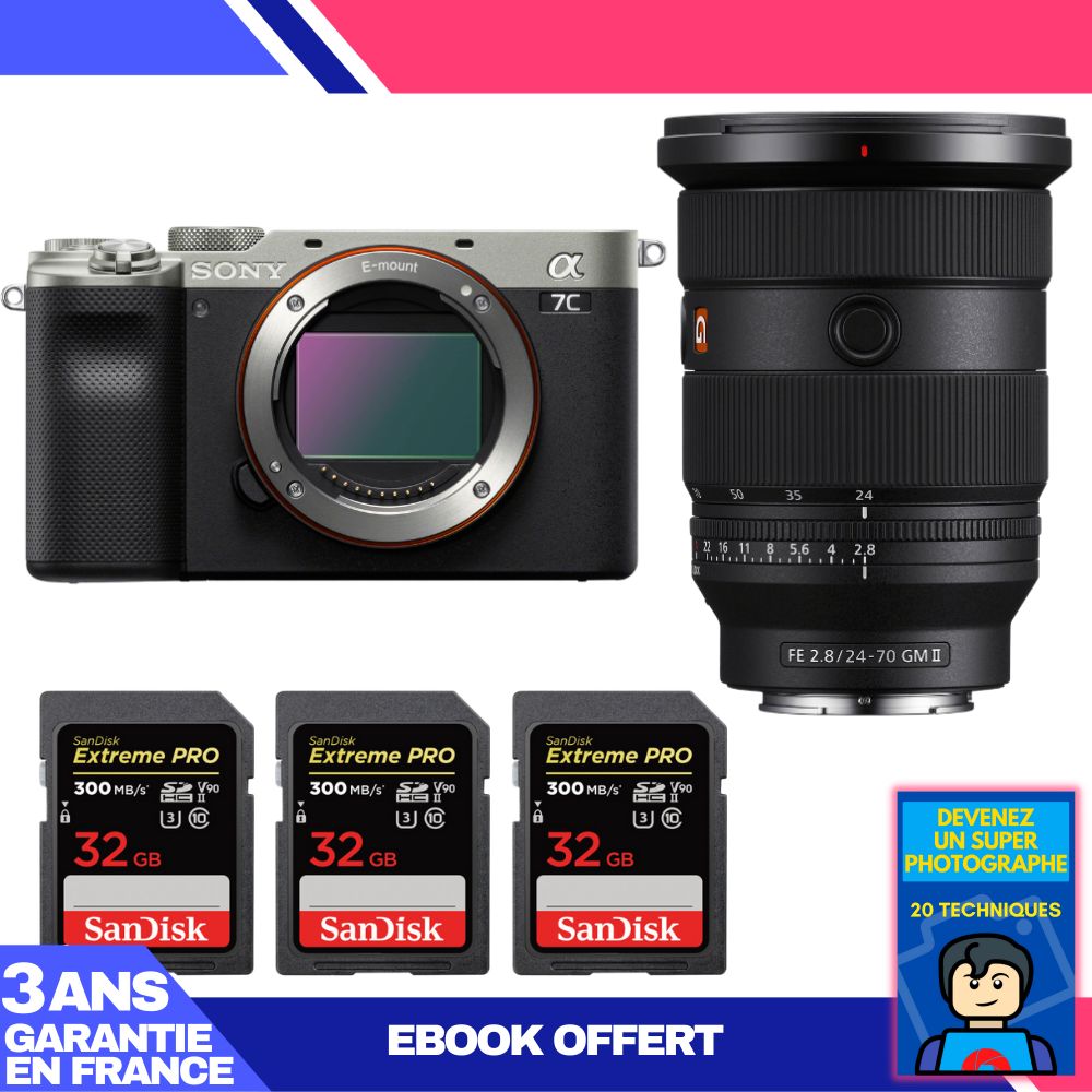 Sony A7C II Silver Kit with FE 24-70mm f/2.8 GM II and 3x SanDisk 32GB Extreme PRO UHS-II SDXC 300MB/s