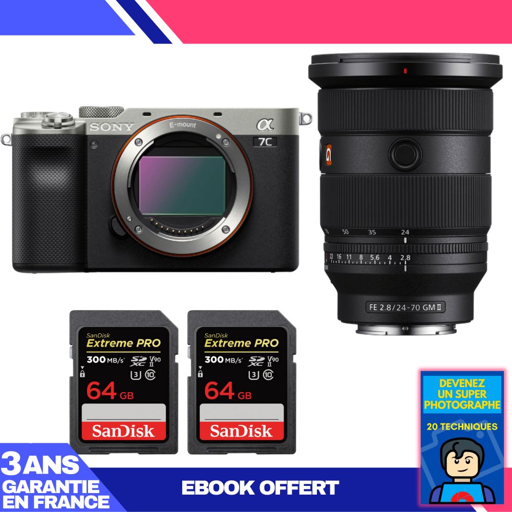 Sony A7C II Silver Kit with FE 24-70mm f/2.8 GM II and SanDisk Memory Cards
