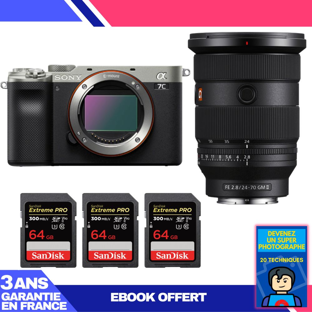 Sony A7C II Silver Kit with FE 24-70mm f/2.8 GM II and 3x 64GB SanDisk Extreme PRO UHS-II SDXC Cards