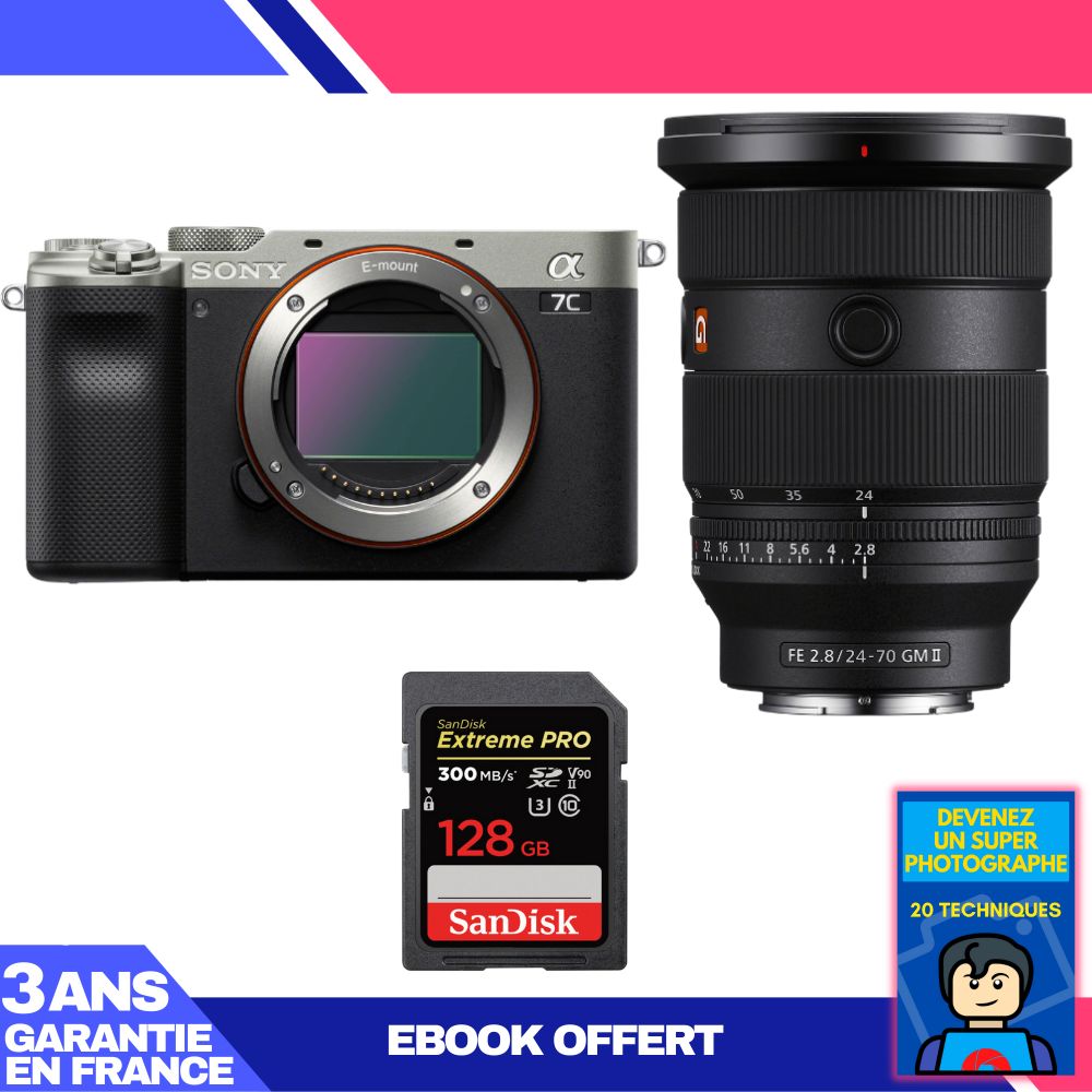 Sony A7C II Silver Kit with FE 24-70mm f/2.8 GM II and SanDisk 128GB SD Card