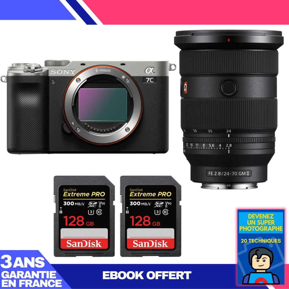 Sony A7C II Silver Kit with FE 24-70mm f/2.8 GM II and 2x 128GB SanDisk Extreme PRO SDXC Cards