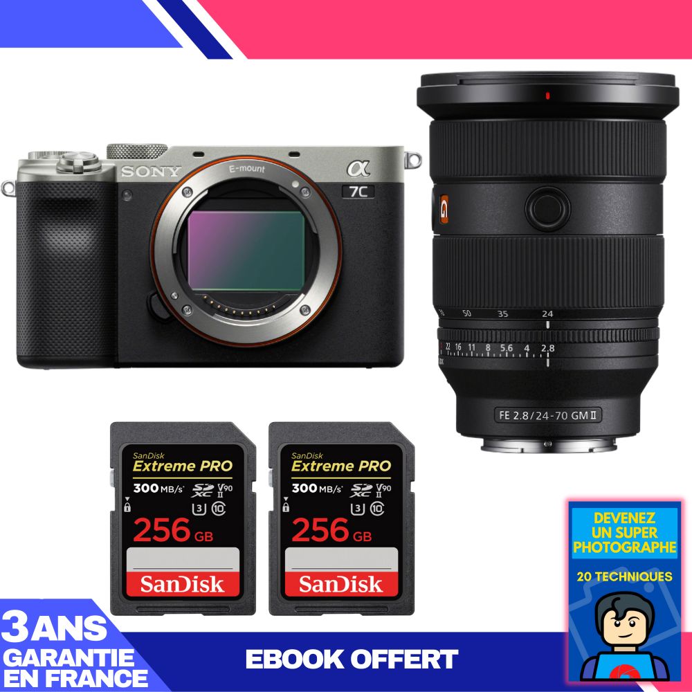 Sony A7C II Silver Kit with FE 24-70mm f/2.8 GM II and 2x 256GB SanDisk Extreme PRO SDXC Cards